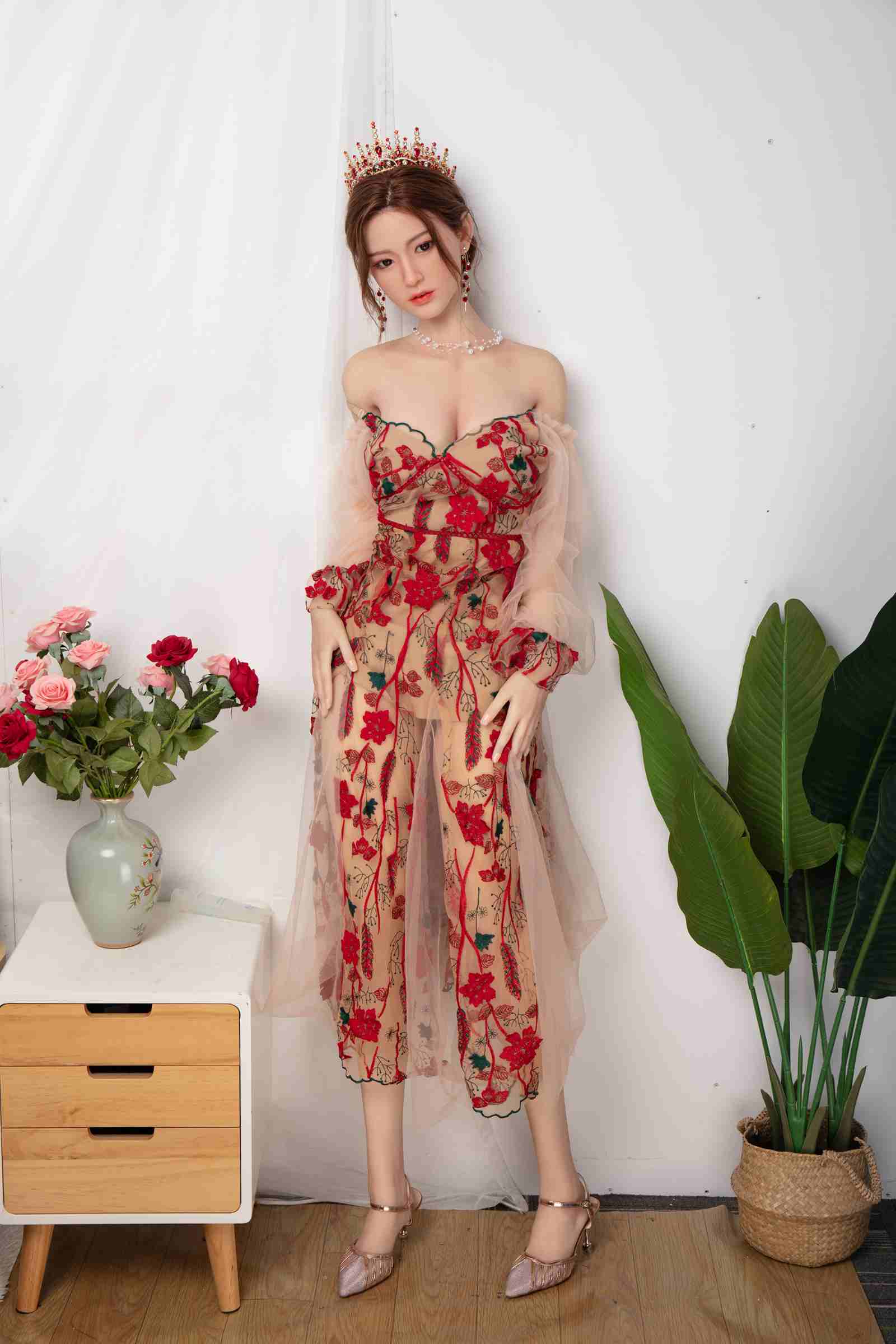 157cm/62in TPE Realistic Sex Doll With Brown Hair & Crystal Crown, Red Floral Embroidered Off-Shoulder Gown – Model MXG-157B
