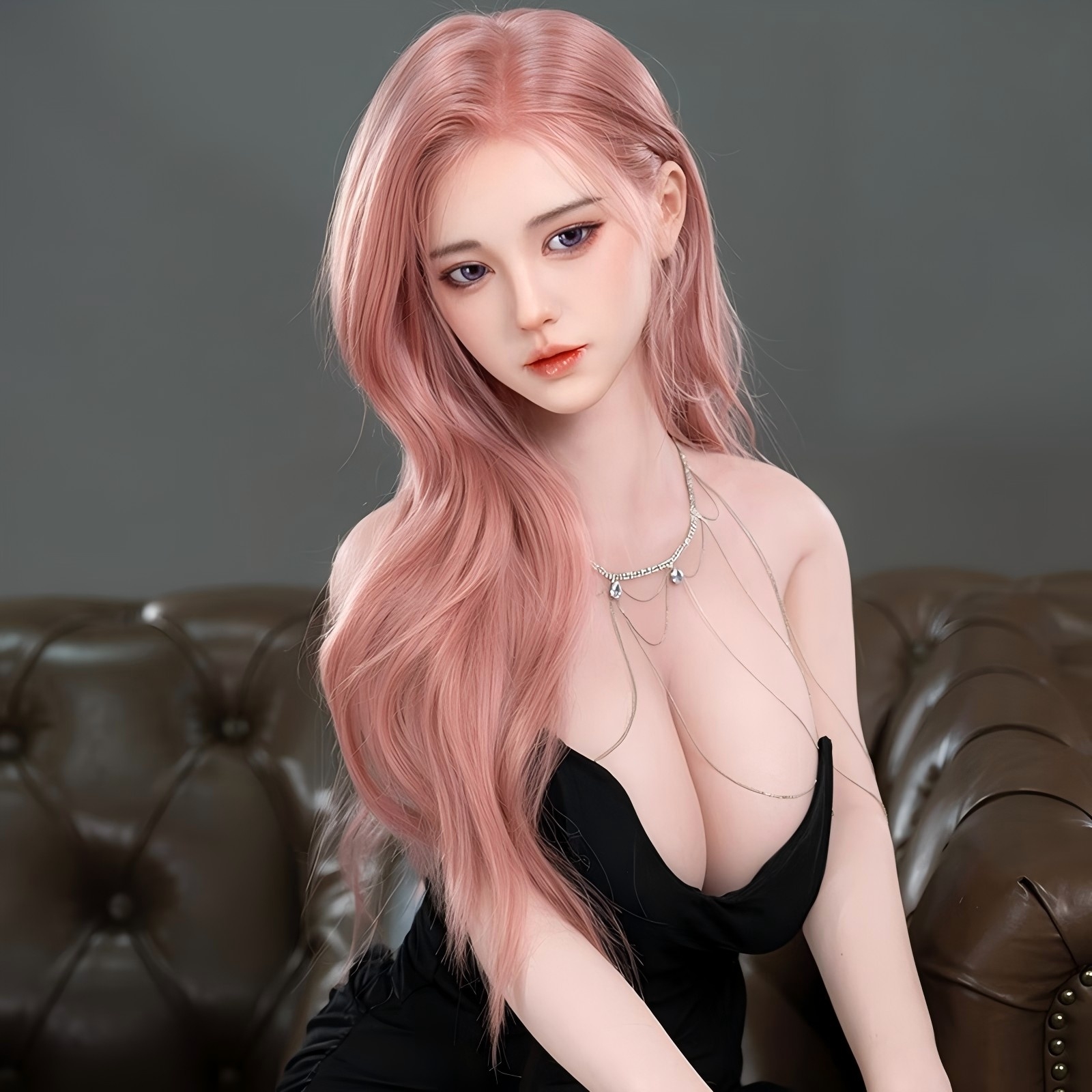 157cm/62in TPE Realistic Sex Doll With Pink Hair, Black Bodycon Dress & Choker Necklace – Model MXG-157B