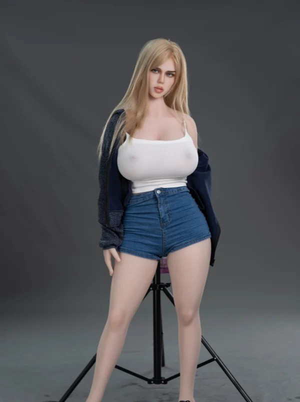 161cm/63.4in TPE Realistic Sex Doll with Tan Skin, 96-56-103 Curvy Figure – Chubby Style in White Cami, Denim Shorts & Navy Jacket