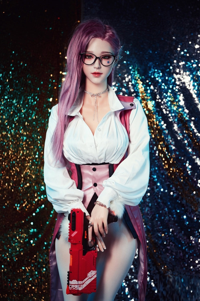 157cm/62in TPE Realistic Sex Doll With Purple Hair, Glasses & Elegant Office Outfit