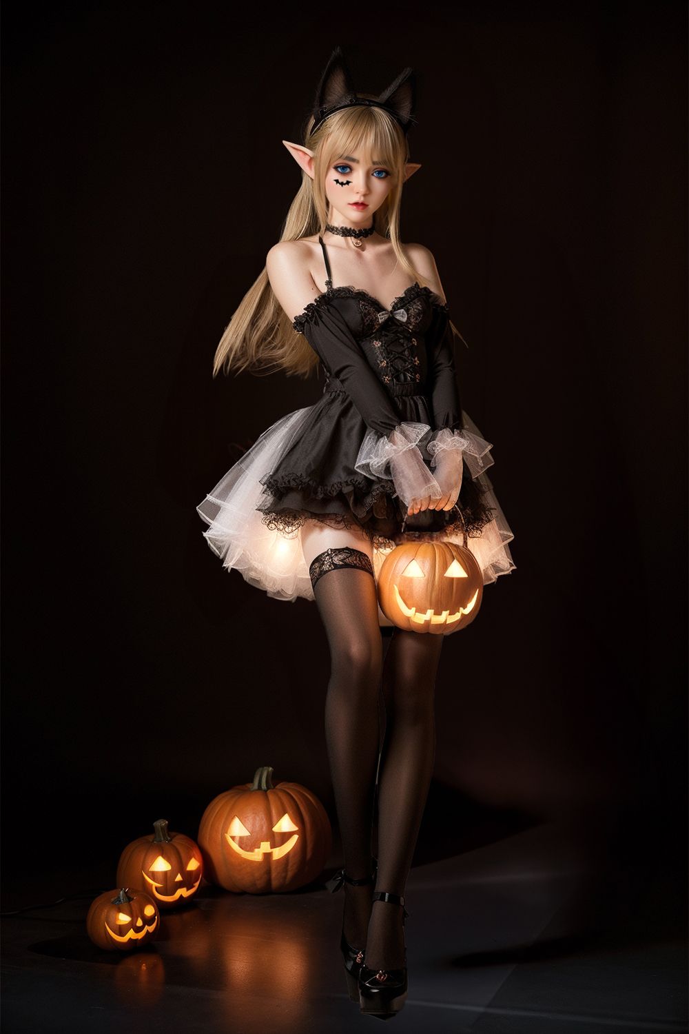 161cm/63.4in TPE Realistic Sex Doll with Fair Skin, 66-51-84 Elven Figure – Pointed Ears, Deluxe Makeup & Black Outfit Model