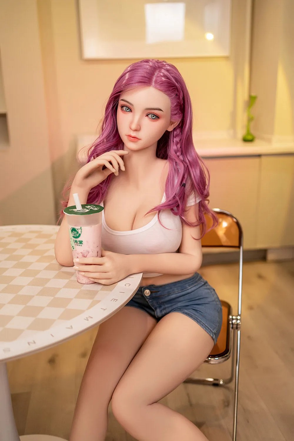 135cm/53in & 140cm/55in & 148cm/58in & 157cm/62in TPE Realistic Sex Doll With Pink Long Hair, White Crop Top & Denim Shorts