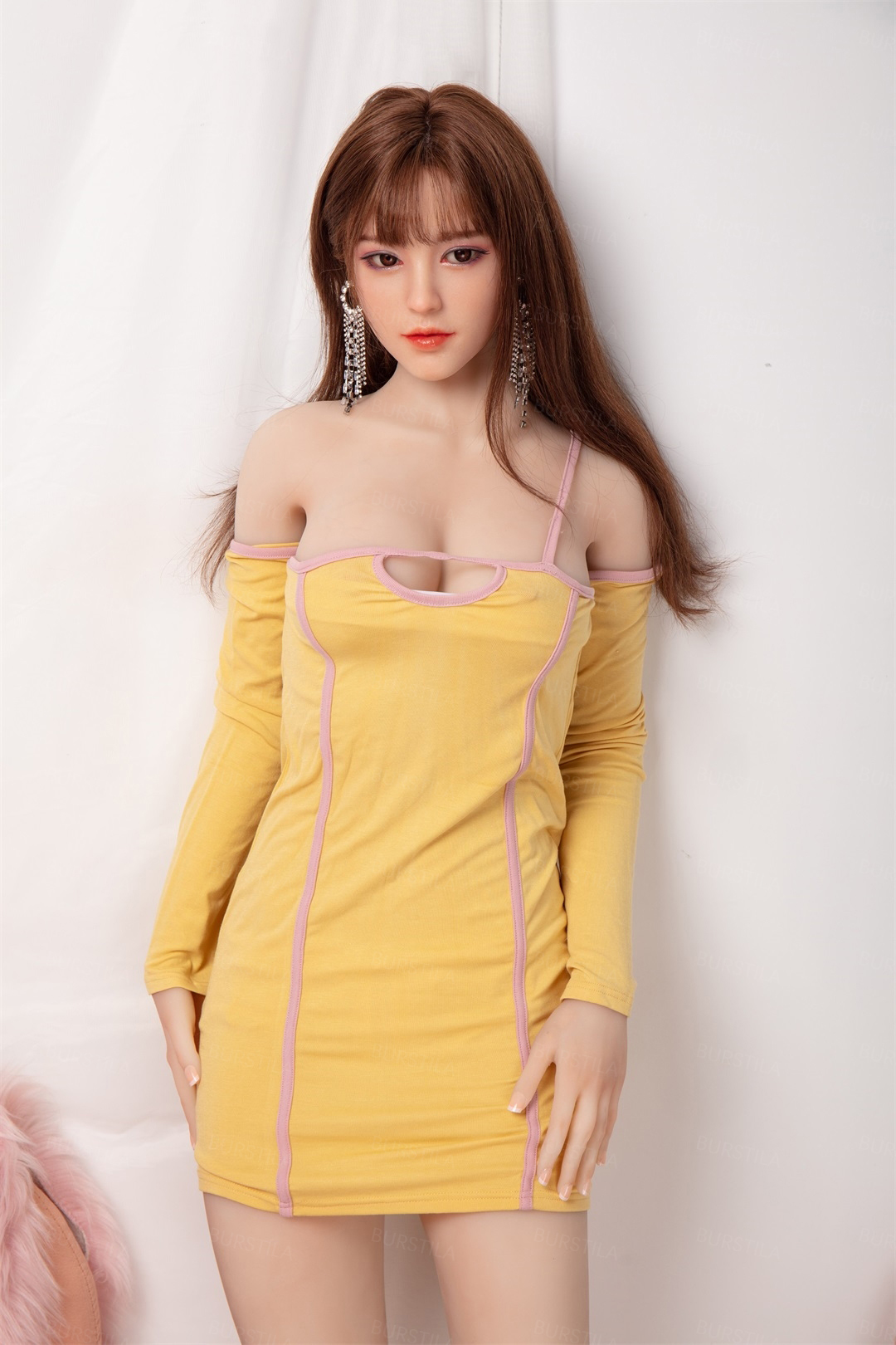 157cm/62in TPE Realistic Sex Doll With Long Brown Hair, Yellow Off-Shoulder Bodycon Dress – Model MXG-157B