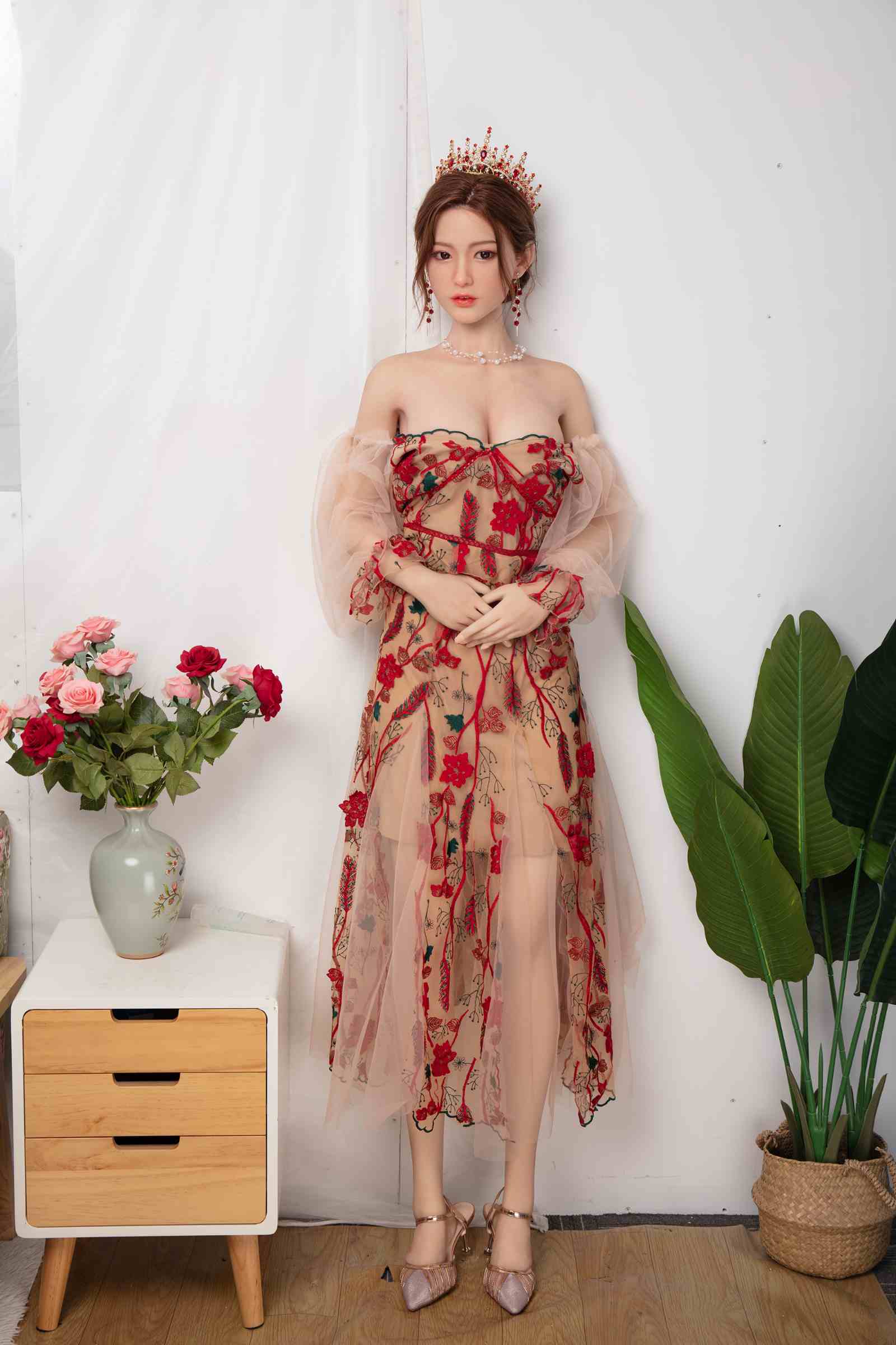 157cm/62in TPE Realistic Sex Doll With Brown Hair & Crystal Crown, Red Floral Embroidered Off-Shoulder Gown – Model MXG-157B