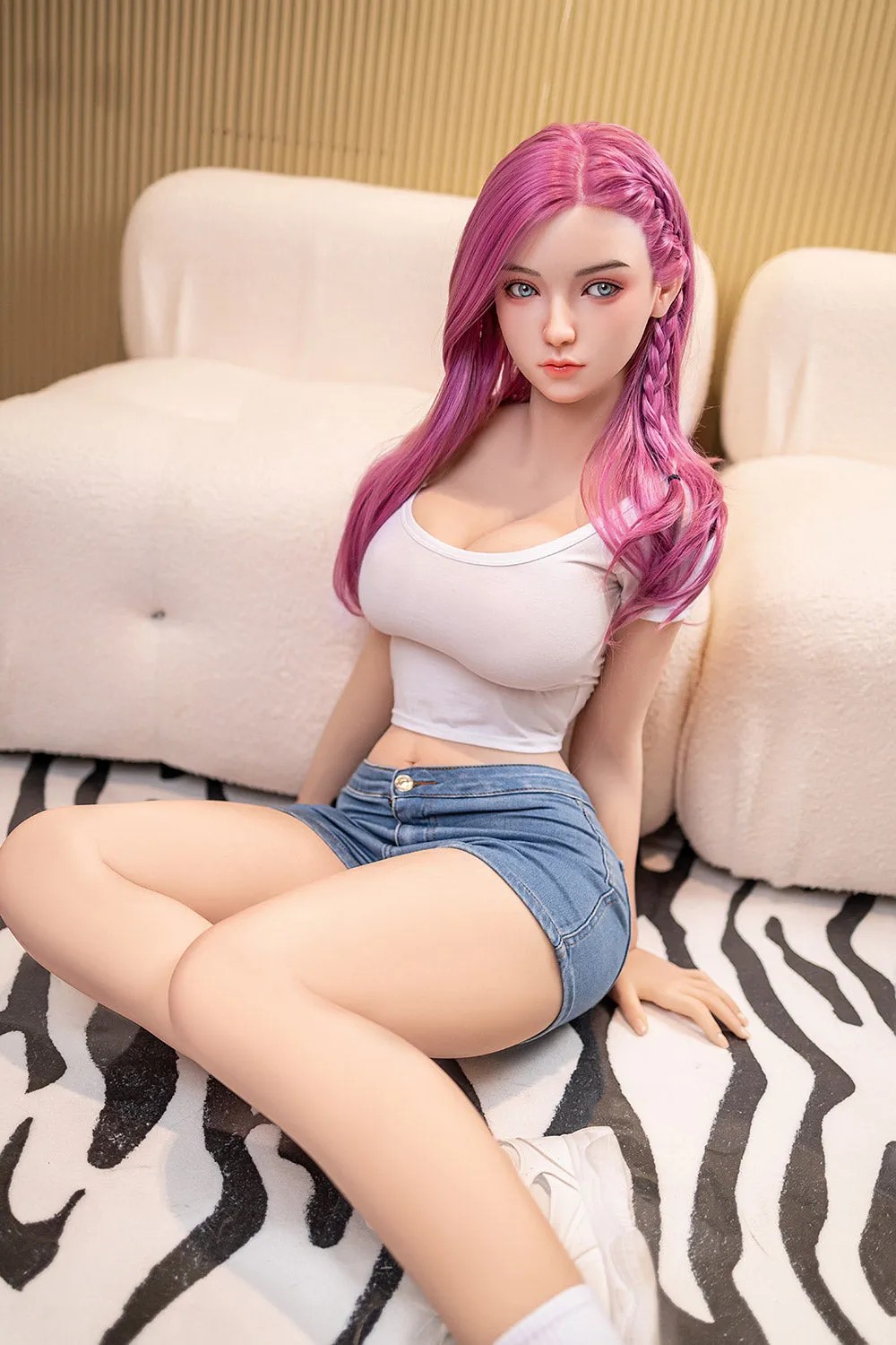 135cm/53in & 140cm/55in & 148cm/58in & 157cm/62in TPE Realistic Sex Doll With Pink Long Hair, White Crop Top & Denim Shorts