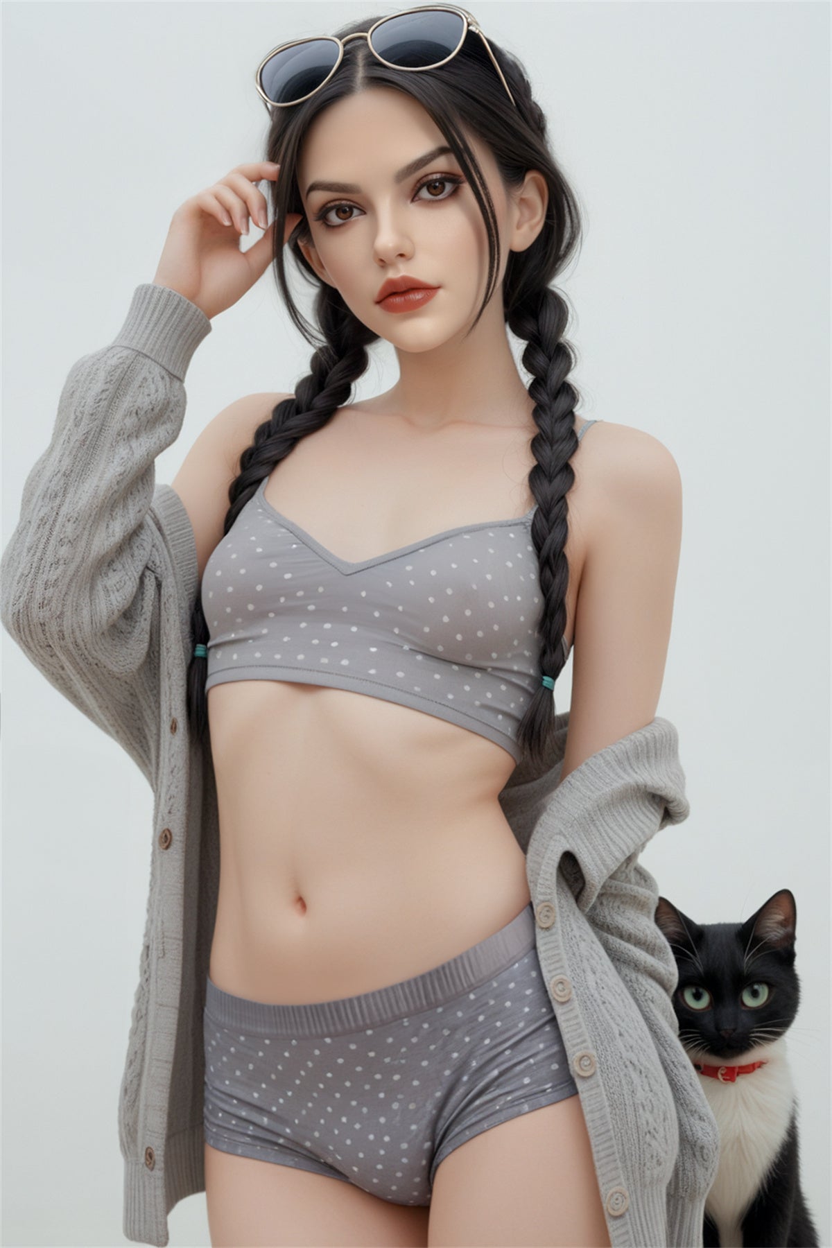 148cm/58in TPE Realistic Sex Doll with Tan Skin, 76-52-73 Petite Figure – Blonde in Grey Lingerie & Knit Cardigan