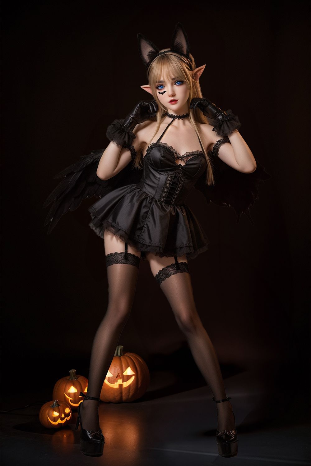 161cm/63.4in TPE Realistic Sex Doll with Fair Skin, 66-51-84 Elven Figure – Pointed Ears, Deluxe Makeup & Black Outfit Model