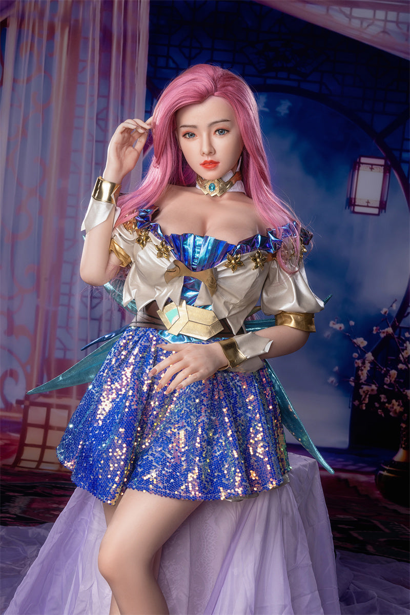 157cm/62in TPE Realistic Sex Doll With Pink Hair, Blue & White Cosplay Dress & Thigh-High Boots – Model MXG-157B