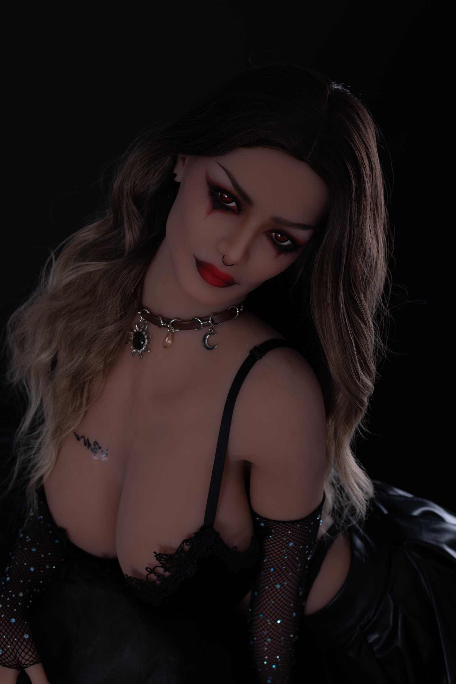 168cm/66in TPE Realistic Sex Doll With Voluptuous Bust, Tan Skin, Long Wavy Hair & Gothic Lace Outfit – Model 168S