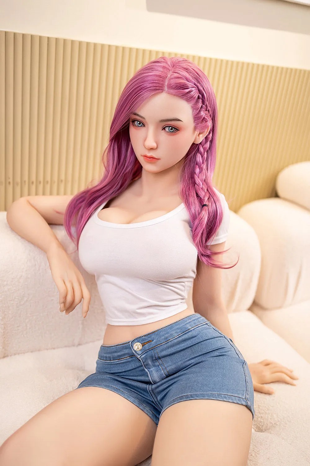 135cm/53in & 140cm/55in & 148cm/58in & 157cm/62in TPE Realistic Sex Doll With Pink Long Hair, White Crop Top & Denim Shorts