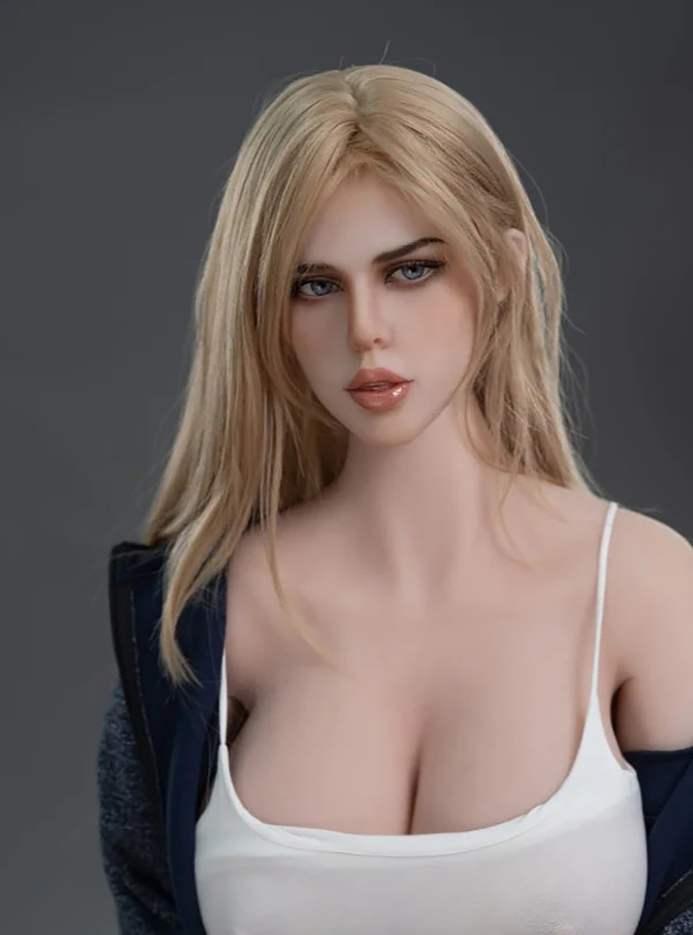 161cm/63.4in TPE Realistic Sex Doll with Tan Skin, 96-56-103 Curvy Figure – Chubby Style in White Cami, Denim Shorts & Navy Jacket