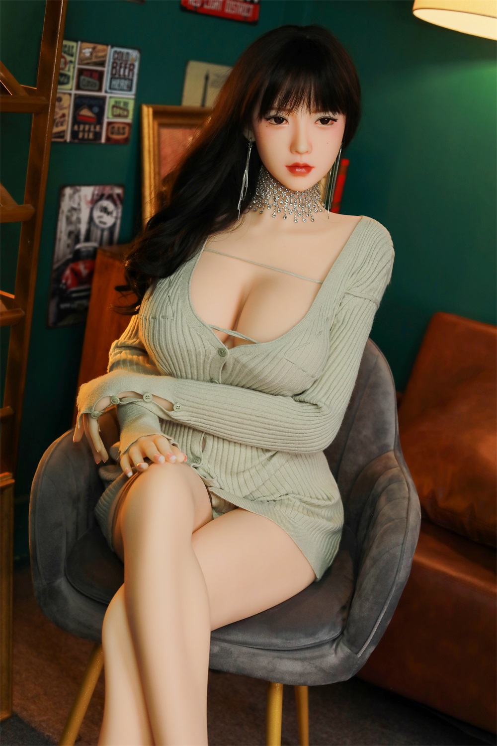 165cm/65in TPE Realistic Sex Doll With S-Curve “Baroque Muse” Figure, Voluminous Black Hair & Ribbed Mini Dress – Model 165CM-Baroque