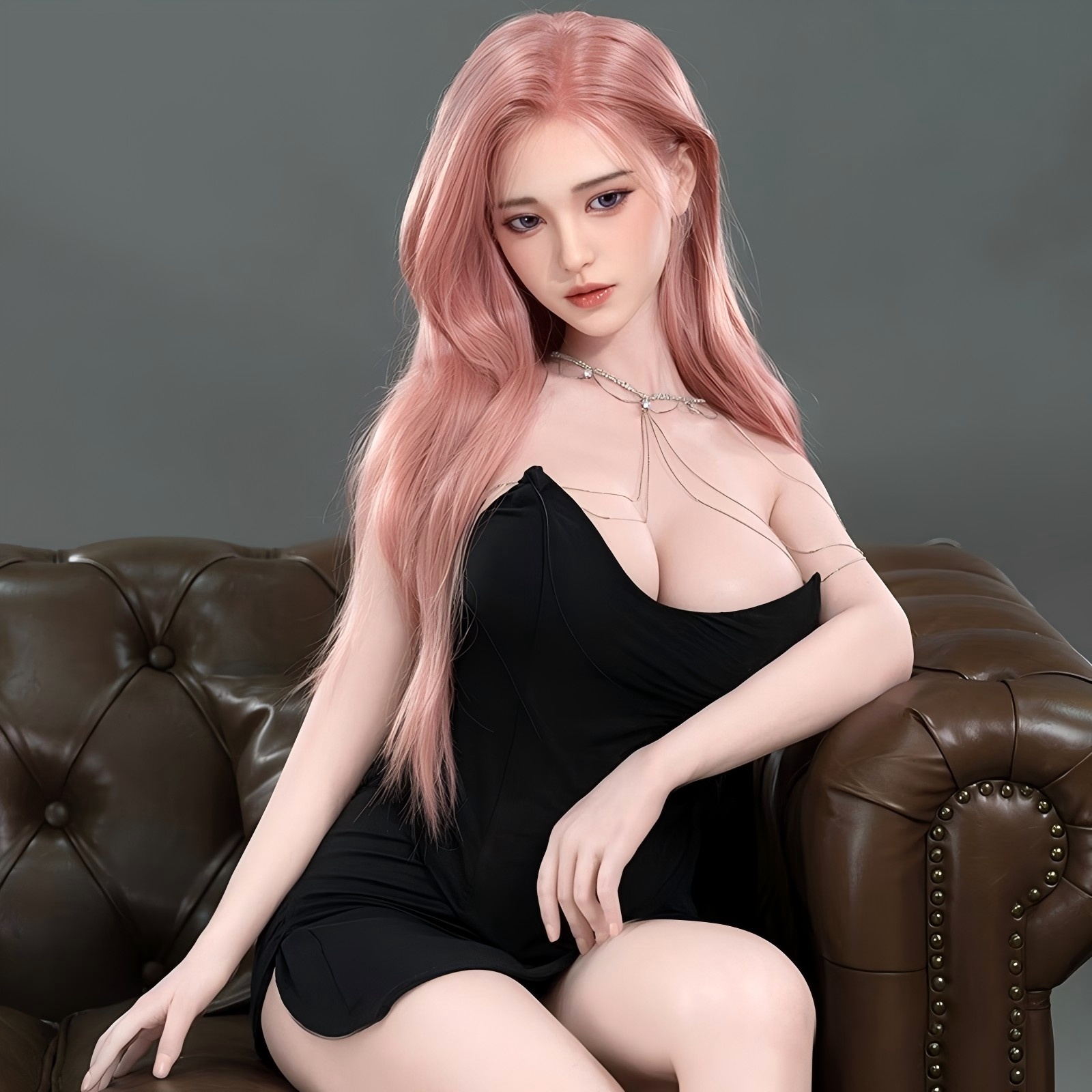 157cm/62in TPE Realistic Sex Doll With Pink Hair, Black Bodycon Dress & Choker Necklace – Model MXG-157B